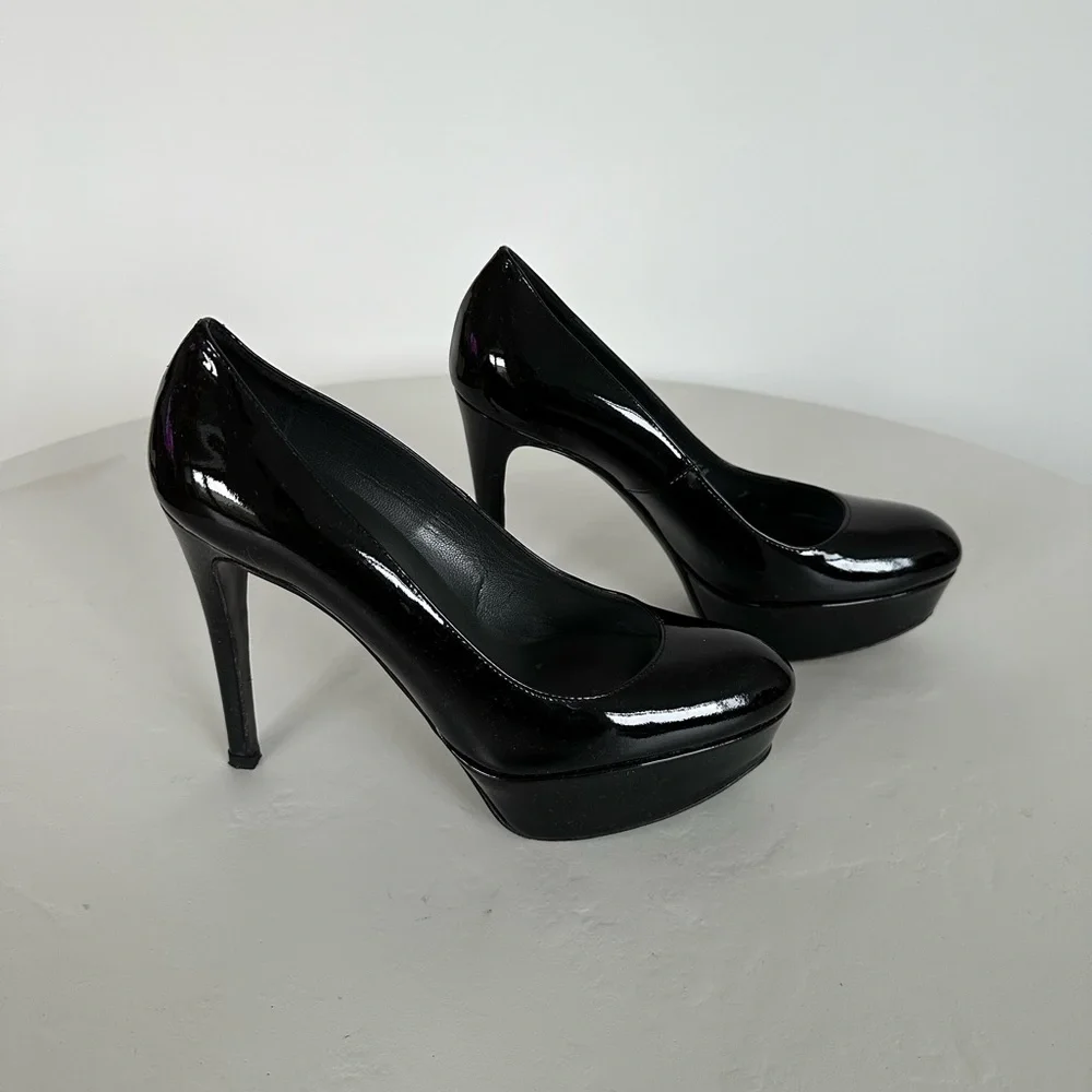 Stuart Weitzman Mae Platform Pumps Black Patent Leather | Size 7